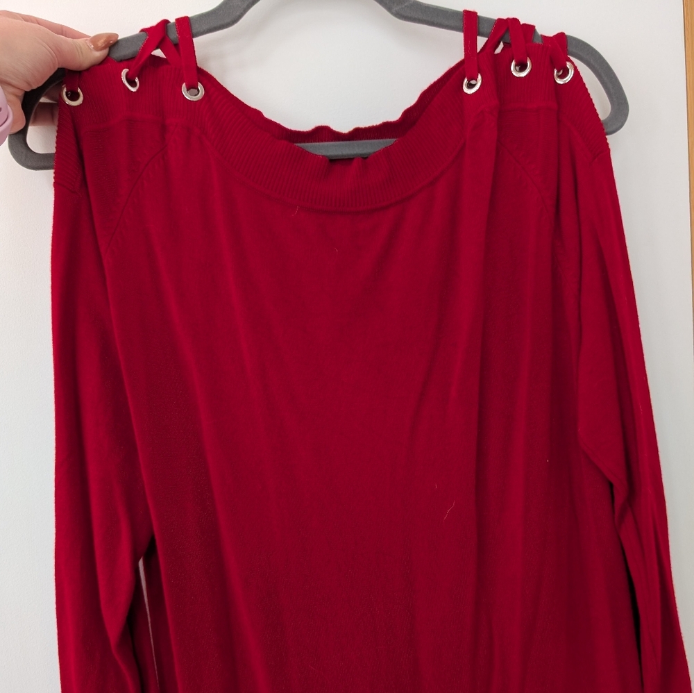 Le Chateau Vibrant Red Blouse with Grommet Accents